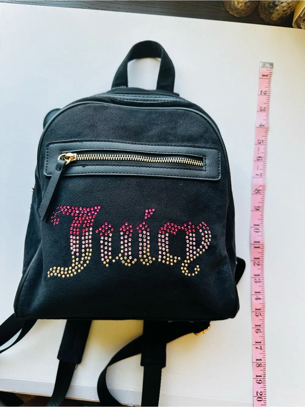 Juicy Couture Black Velour Mini Backpack Pink Crystal Logo Y2K McBling